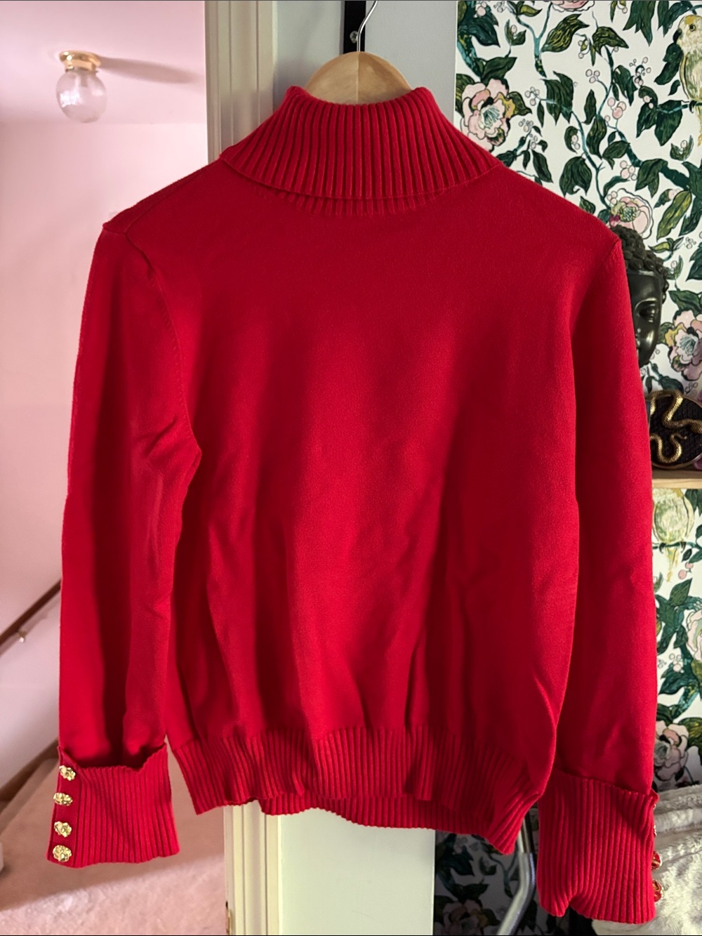Express Red Turtleneck Sweater with Gold Button Cuffs